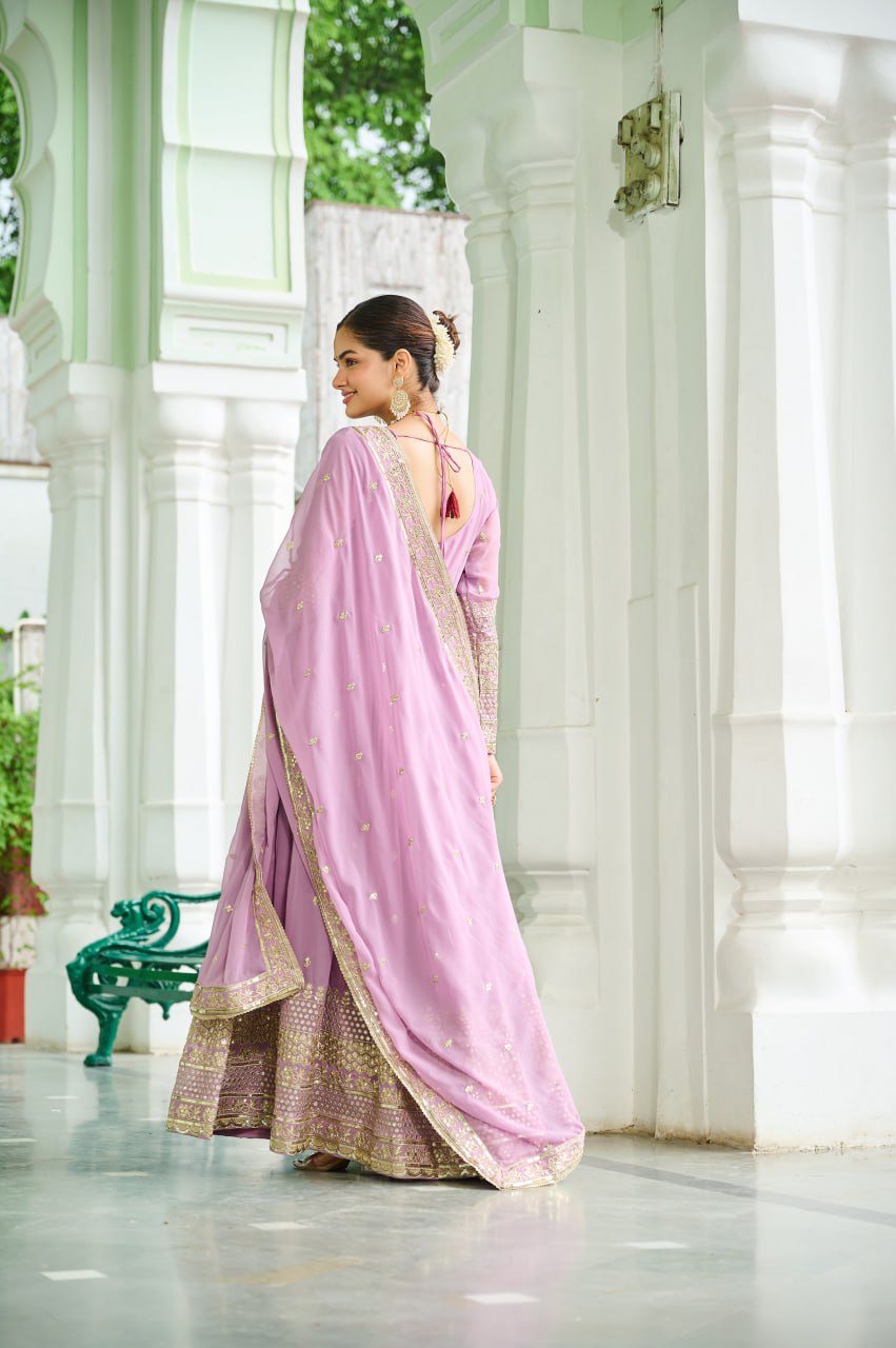 Lavender Faux Georgette Gown with Embroidered Work – Elegant Ethnic Wear