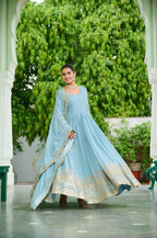 Sky Faux Georgette Gown with Embroidered Work – Elegant Ethnic Wear