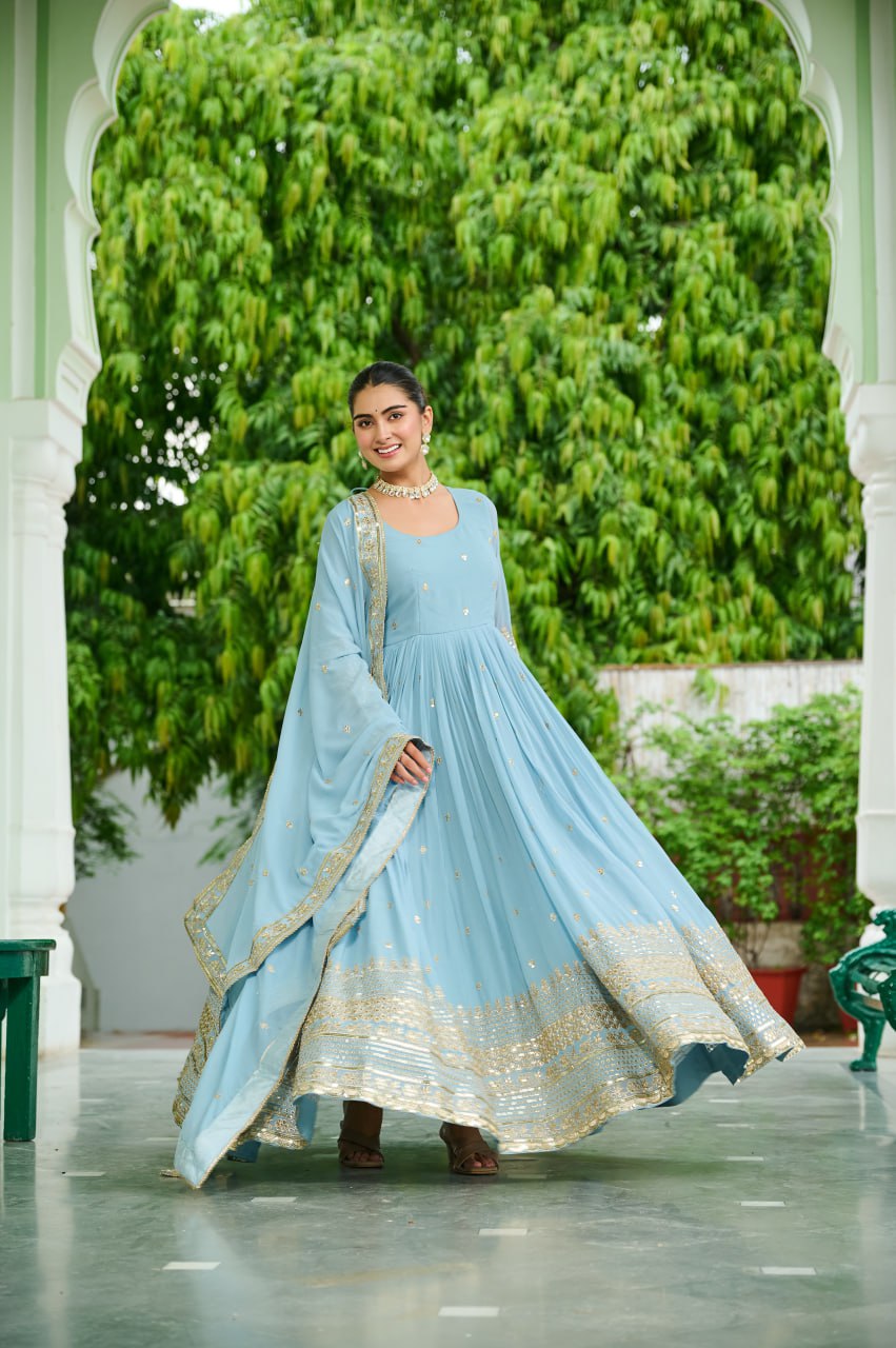 Sky Faux Georgette Gown with Embroidered Work – Elegant Ethnic Wear