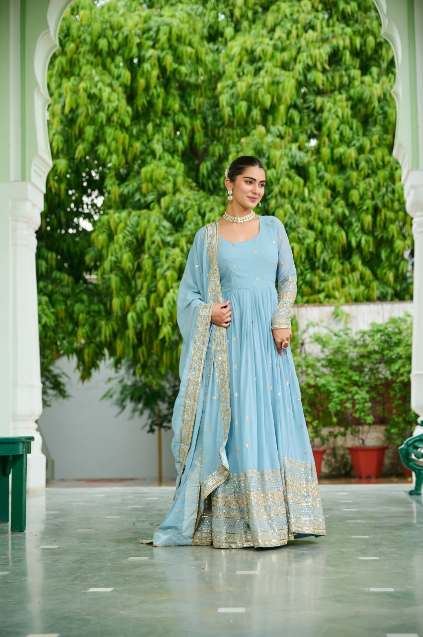 Sky Faux Georgette Gown with Embroidered Work – Elegant Ethnic Wear