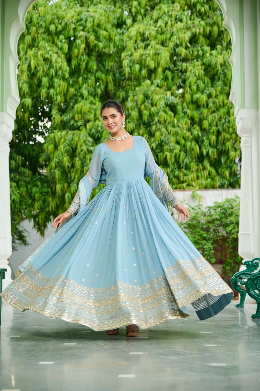 Sky Faux Georgette Gown with Embroidered Work – Elegant Ethnic Wear