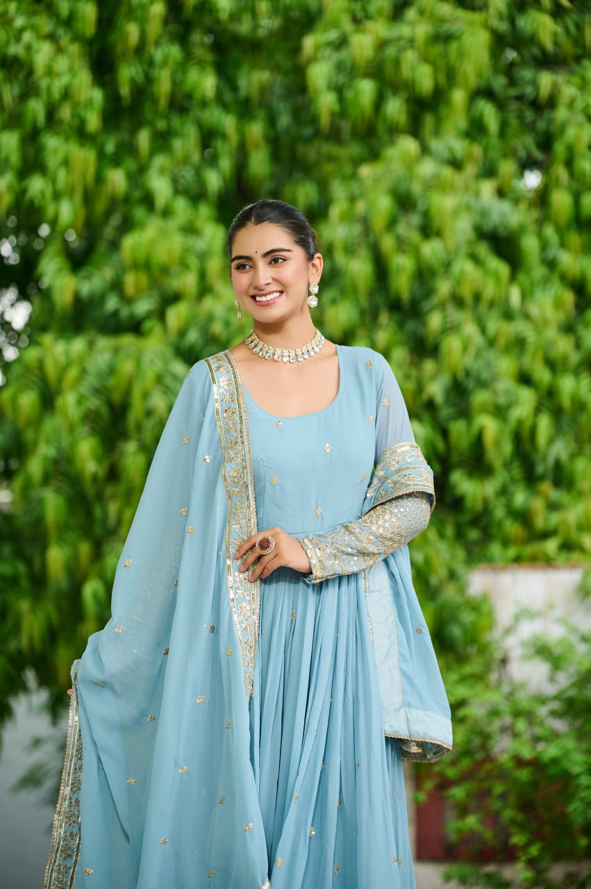 Sky Faux Georgette Gown with Embroidered Work – Elegant Ethnic Wear