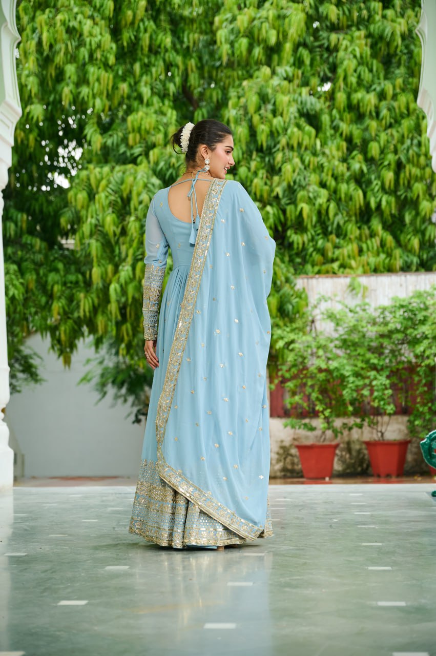 Sky Faux Georgette Gown with Embroidered Work – Elegant Ethnic Wear
