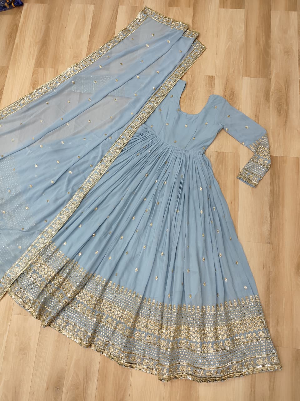 Sky Faux Georgette Gown with Embroidered Work – Elegant Ethnic Wear