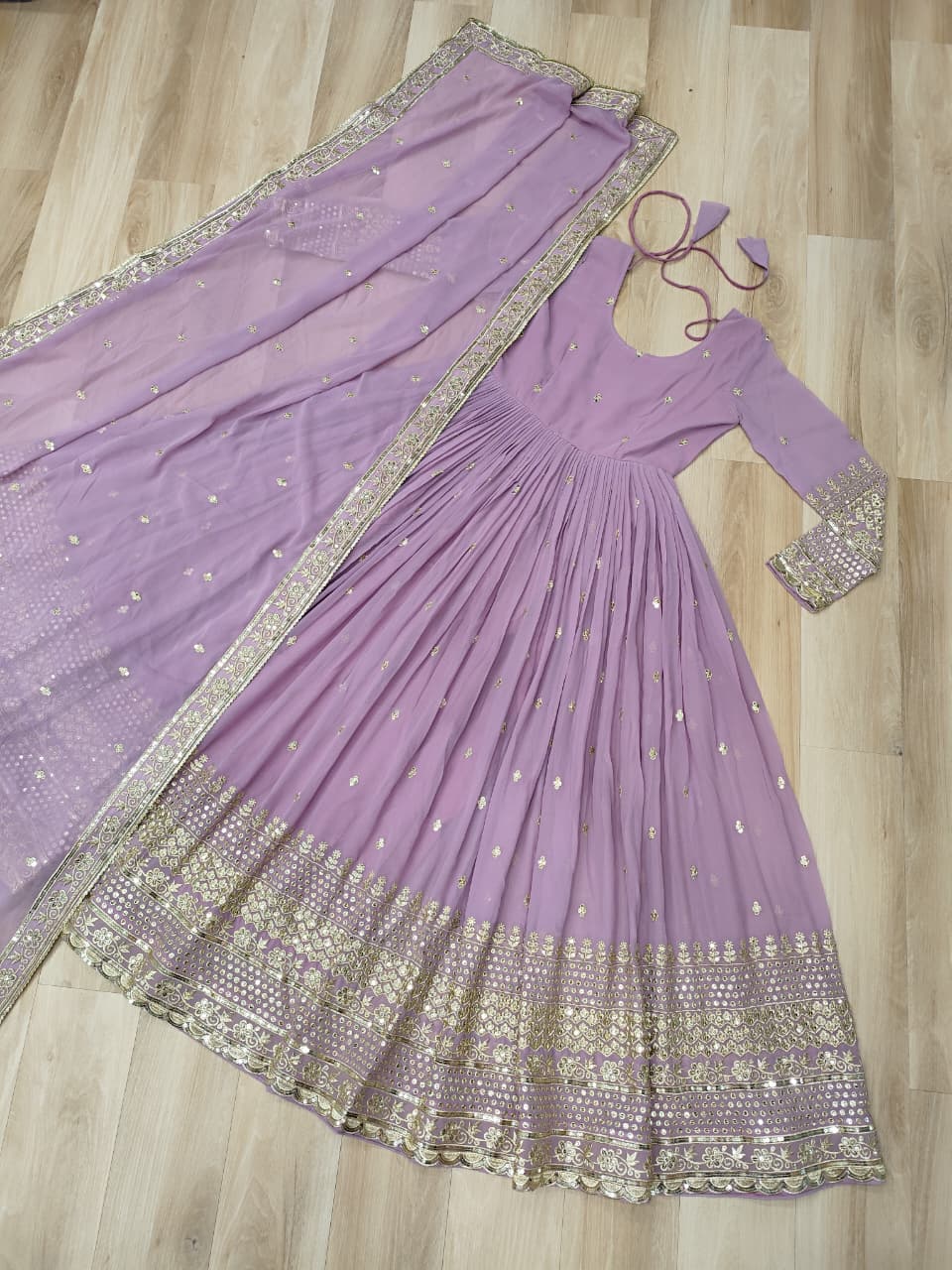 Lavender Faux Georgette Gown with Embroidered Work – Elegant Ethnic Wear