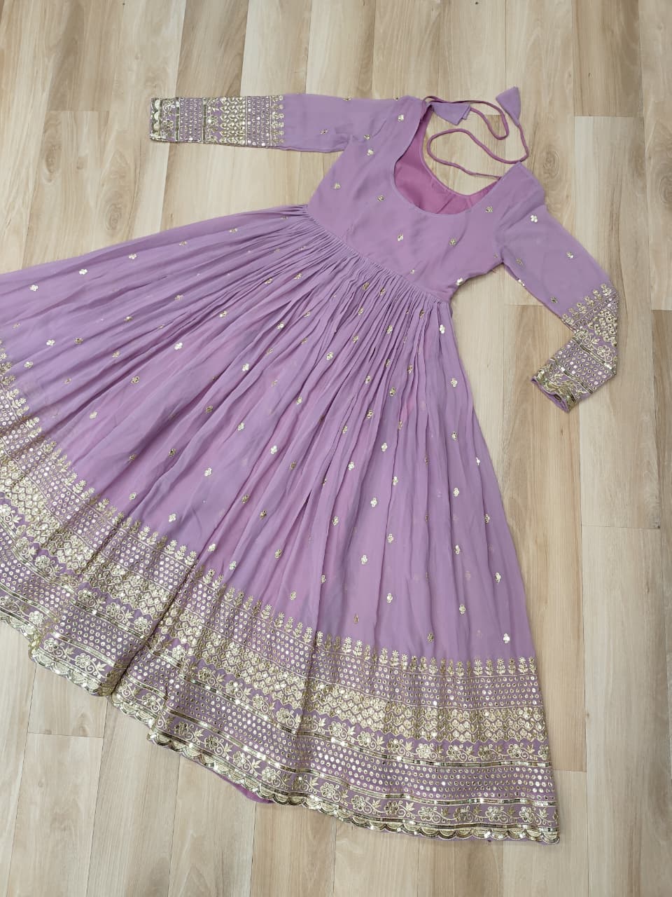 Lavender Faux Georgette Gown with Embroidered Work – Elegant Ethnic Wear