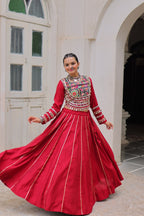 Designer Roman Fabric Maroon  Lehenga Choli Set with Kutchi Gamthi Embroidery & Gota Patti Lace – Full-Stitched | Flair 6 Mtr