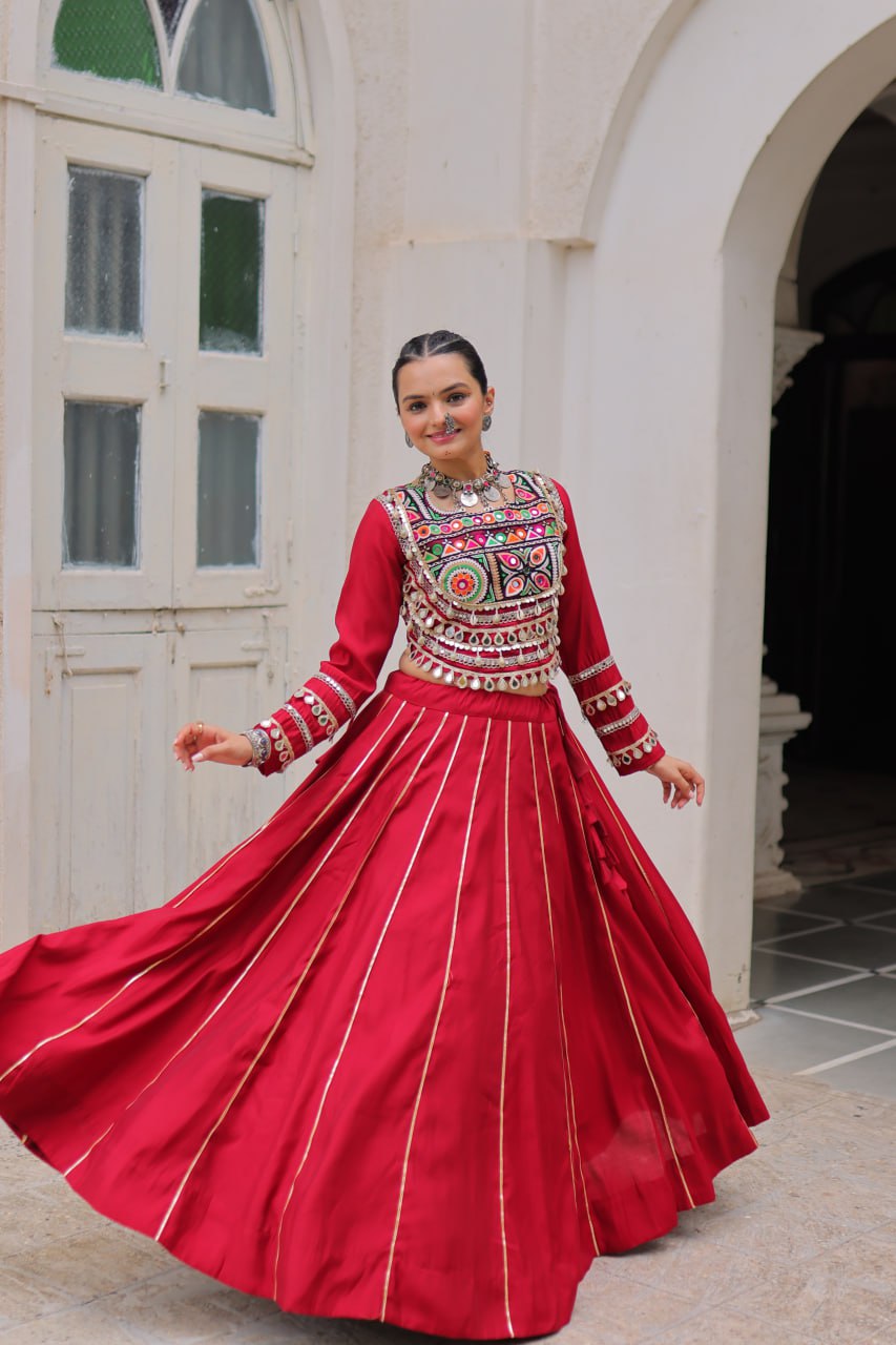 Designer Roman Fabric Maroon  Lehenga Choli Set with Kutchi Gamthi Embroidery & Gota Patti Lace – Full-Stitched | Flair 6 Mtr