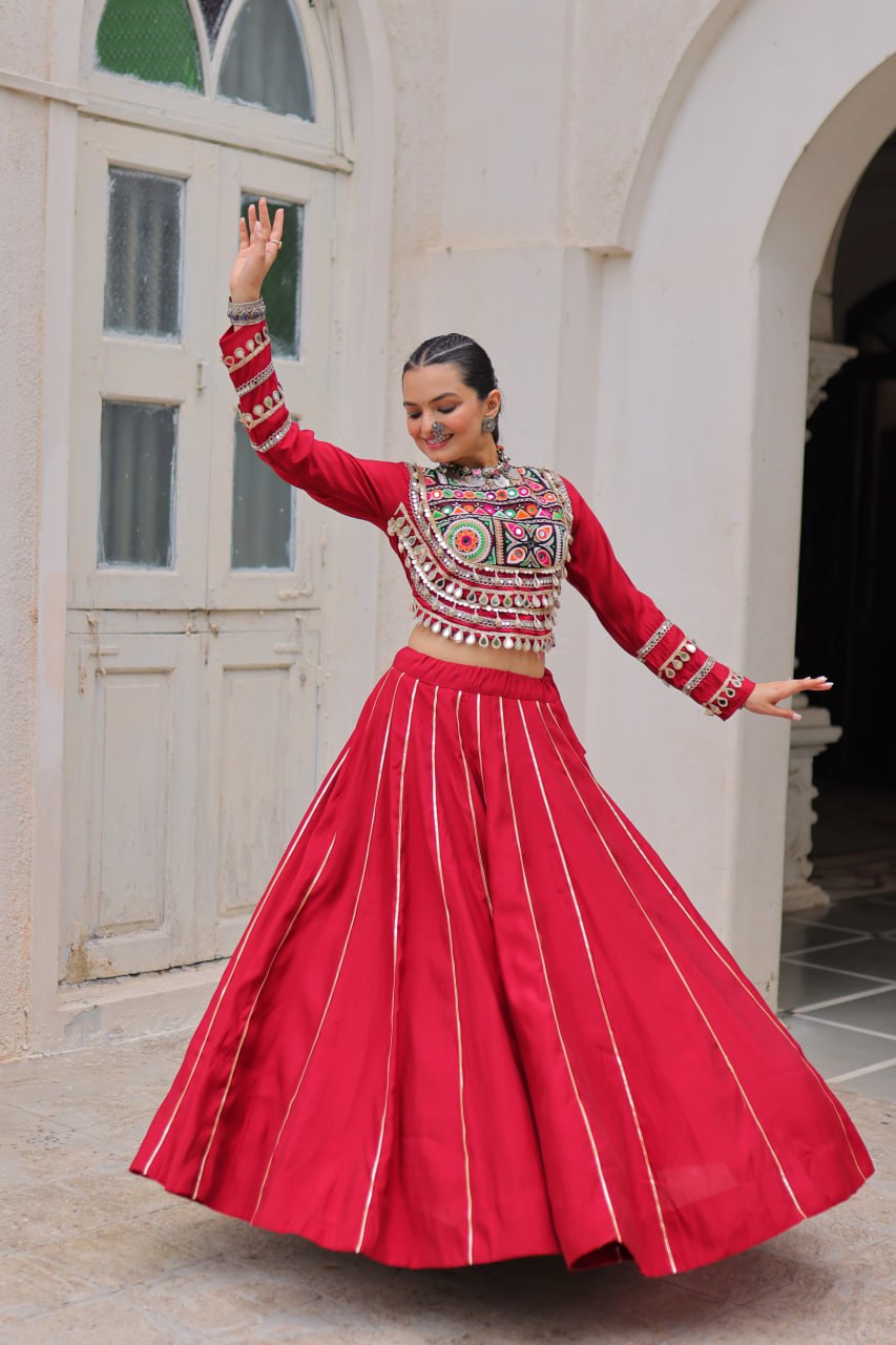 Designer Roman Fabric Maroon  Lehenga Choli Set with Kutchi Gamthi Embroidery & Gota Patti Lace – Full-Stitched | Flair 6 Mtr
