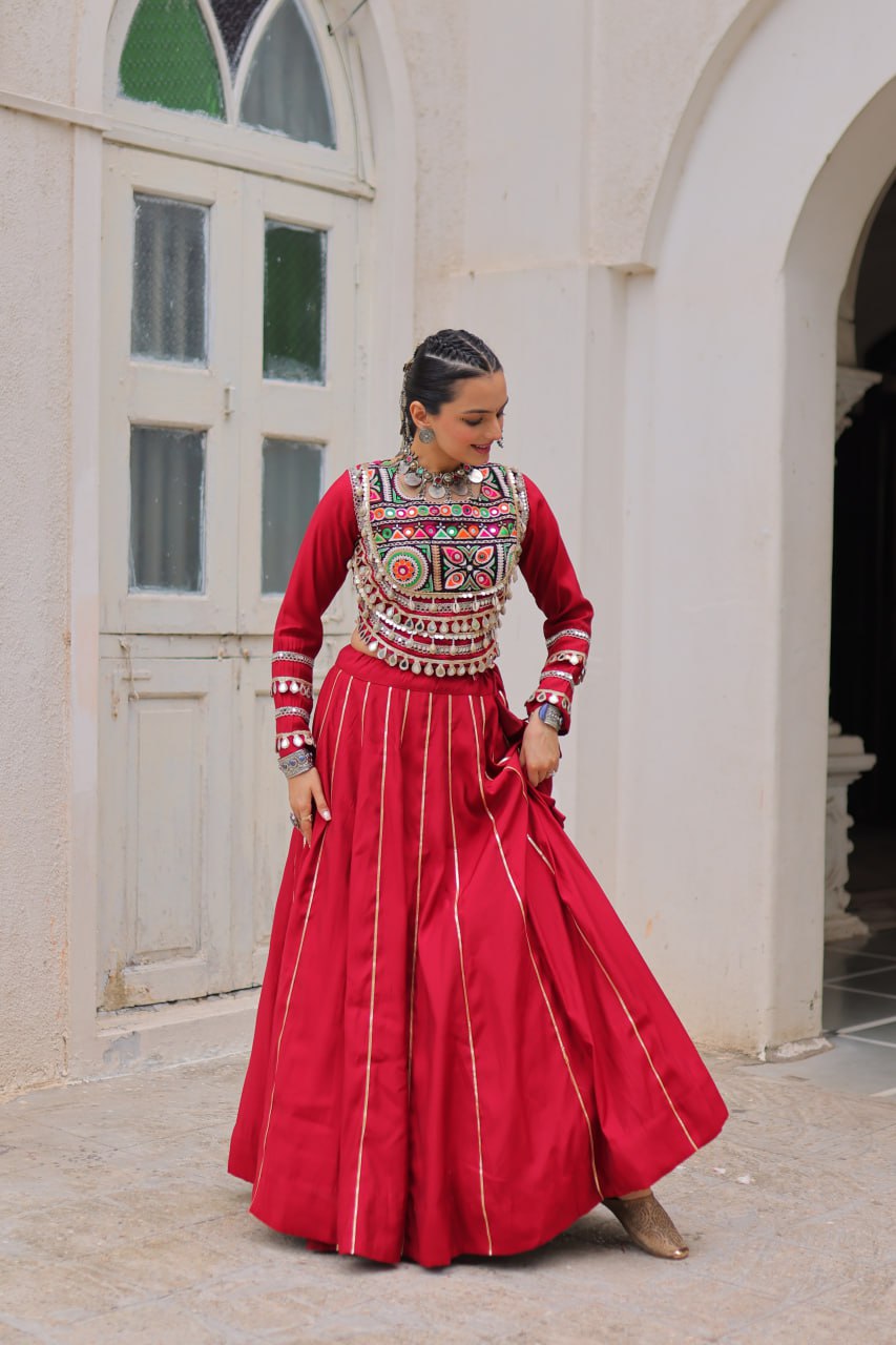 Designer Roman Fabric Maroon  Lehenga Choli Set with Kutchi Gamthi Embroidery & Gota Patti Lace – Full-Stitched | Flair 6 Mtr