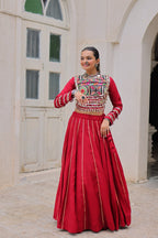 Designer Roman Fabric Maroon  Lehenga Choli Set with Kutchi Gamthi Embroidery & Gota Patti Lace – Full-Stitched | Flair 6 Mtr