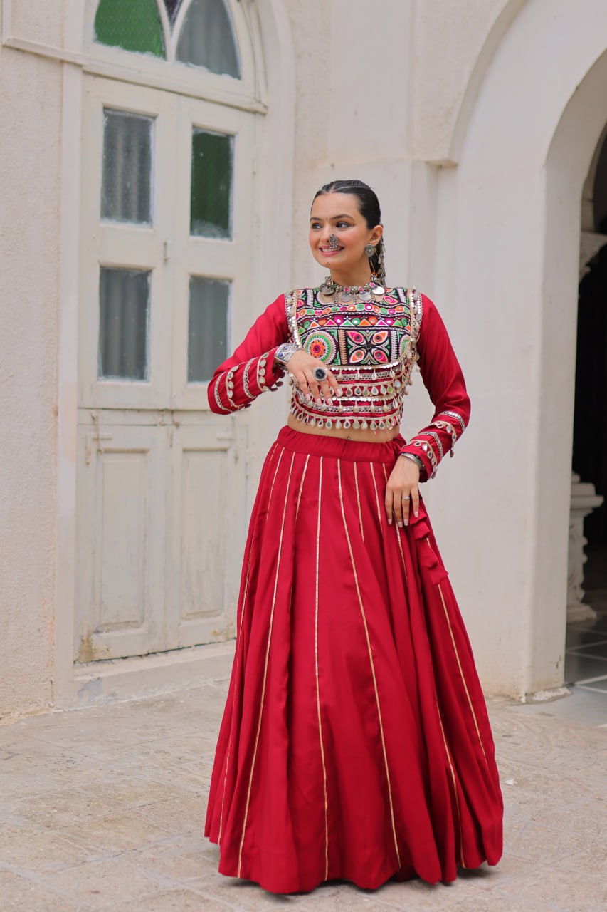 Designer Roman Fabric Maroon  Lehenga Choli Set with Kutchi Gamthi Embroidery & Gota Patti Lace – Full-Stitched | Flair 6 Mtr
