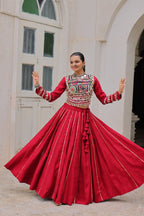 Designer Roman Fabric Maroon  Lehenga Choli Set with Kutchi Gamthi Embroidery & Gota Patti Lace – Full-Stitched | Flair 6 Mtr