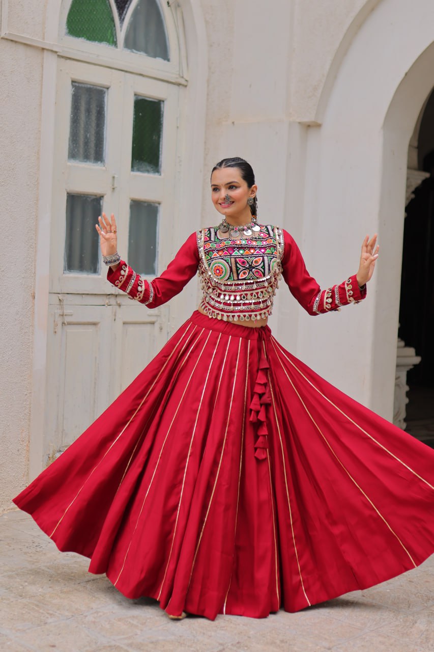 Designer Roman Fabric Maroon  Lehenga Choli Set with Kutchi Gamthi Embroidery & Gota Patti Lace – Full-Stitched | Flair 6 Mtr