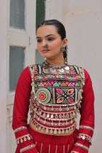 Designer Roman Fabric Maroon  Lehenga Choli Set with Kutchi Gamthi Embroidery & Gota Patti Lace – Full-Stitched | Flair 6 Mtr