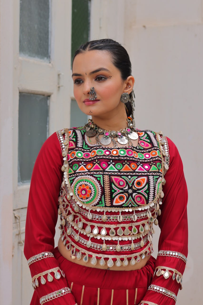 Designer Roman Fabric Maroon  Lehenga Choli Set with Kutchi Gamthi Embroidery & Gota Patti Lace – Full-Stitched | Flair 6 Mtr