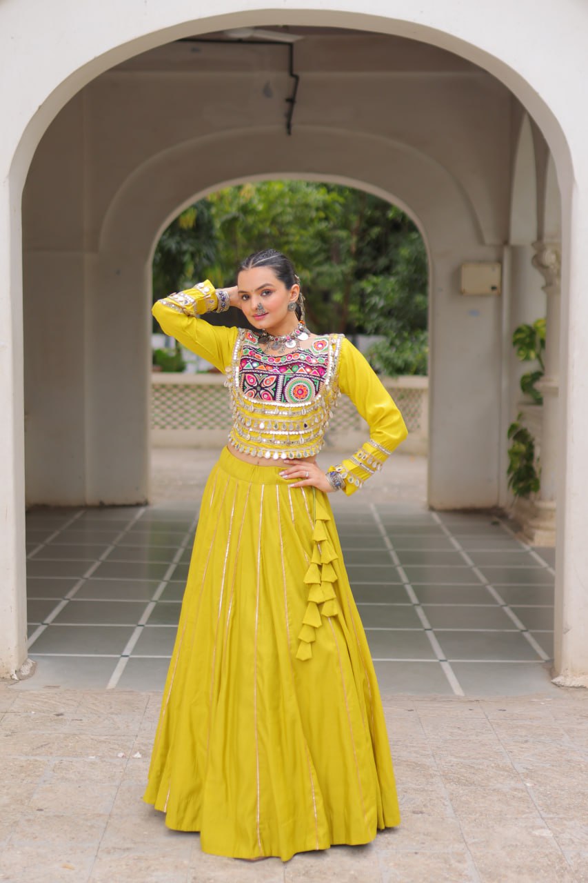Designer Roman Fabric Yellow Lehenga Choli Set with Kutchi Gamthi Embroidery & Gota Patti Lace – Full-Stitched | Flair 6 Mtr