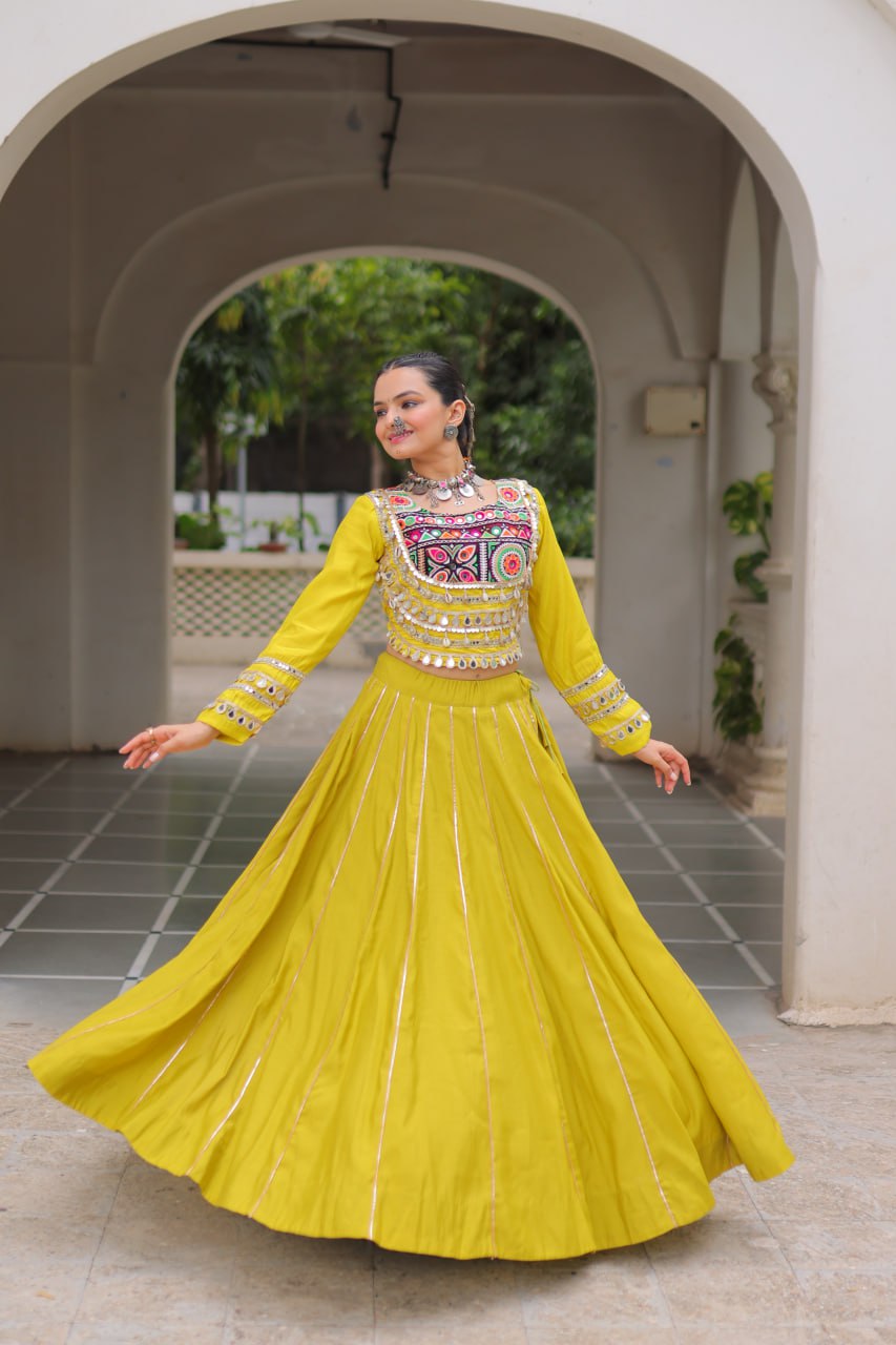 Designer Roman Fabric Yellow Lehenga Choli Set with Kutchi Gamthi Embroidery & Gota Patti Lace – Full-Stitched | Flair 6 Mtr