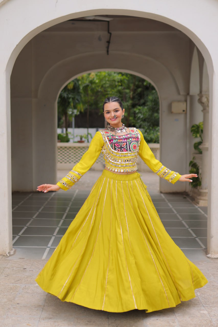Designer Roman Fabric Yellow Lehenga Choli Set with Kutchi Gamthi Embroidery & Gota Patti Lace – Full-Stitched | Flair 6 Mtr