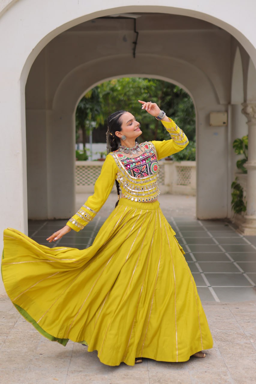 Designer Roman Fabric Yellow Lehenga Choli Set with Kutchi Gamthi Embroidery & Gota Patti Lace – Full-Stitched | Flair 6 Mtr