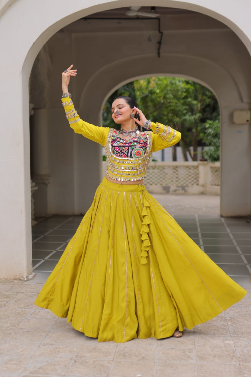 Designer Roman Fabric Yellow Lehenga Choli Set with Kutchi Gamthi Embroidery & Gota Patti Lace – Full-Stitched | Flair 6 Mtr