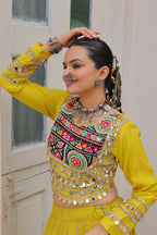 Designer Roman Fabric Yellow Lehenga Choli Set with Kutchi Gamthi Embroidery & Gota Patti Lace – Full-Stitched | Flair 6 Mtr