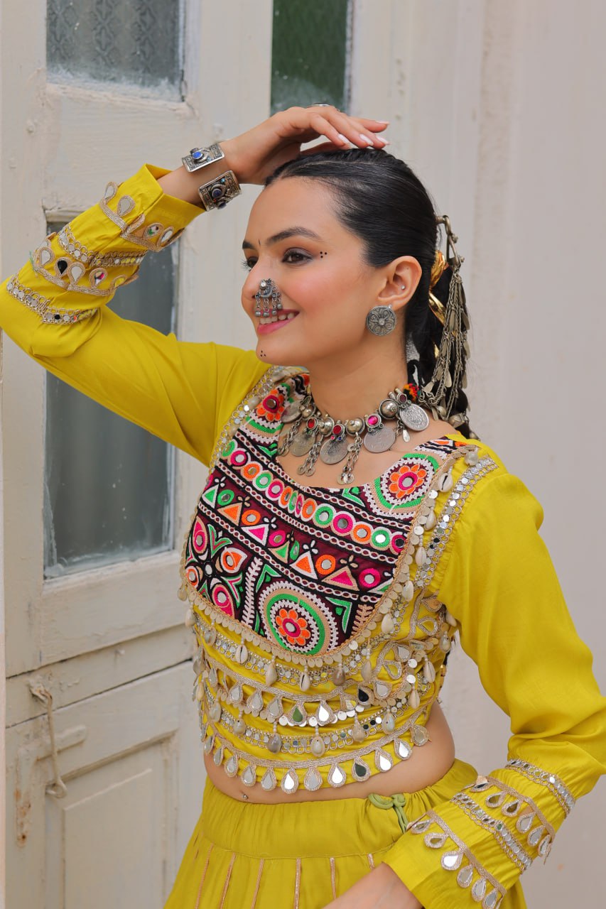 Designer Roman Fabric Yellow Lehenga Choli Set with Kutchi Gamthi Embroidery & Gota Patti Lace – Full-Stitched | Flair 6 Mtr