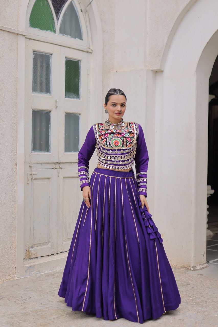 Designer Roman Fabric Purple Lehenga Choli Set with Kutchi Gamthi Embroidery & Gota Patti Lace – Full-Stitched | Flair 6 Mtr