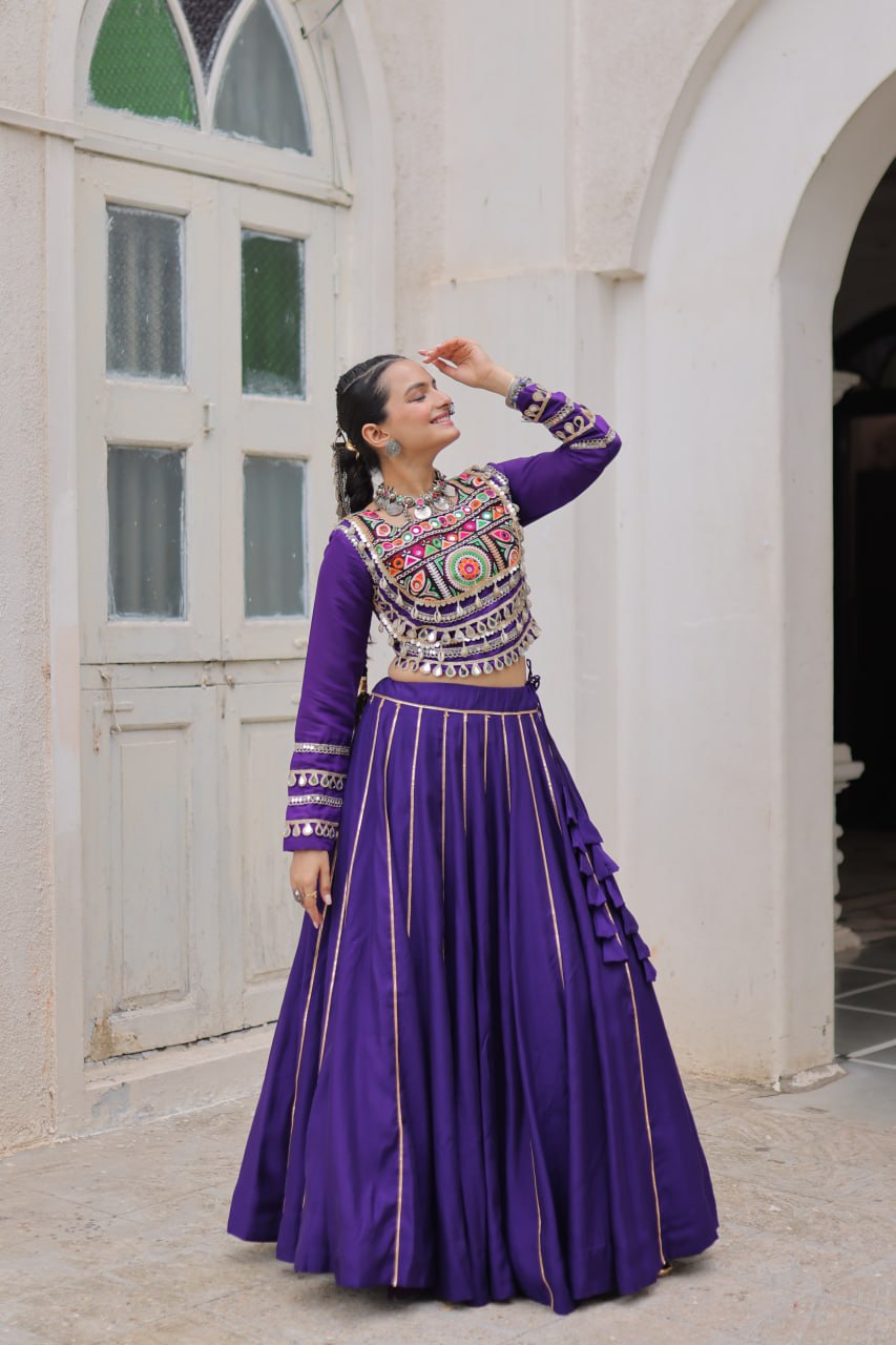 Designer Roman Fabric Purple Lehenga Choli Set with Kutchi Gamthi Embroidery & Gota Patti Lace – Full-Stitched | Flair 6 Mtr