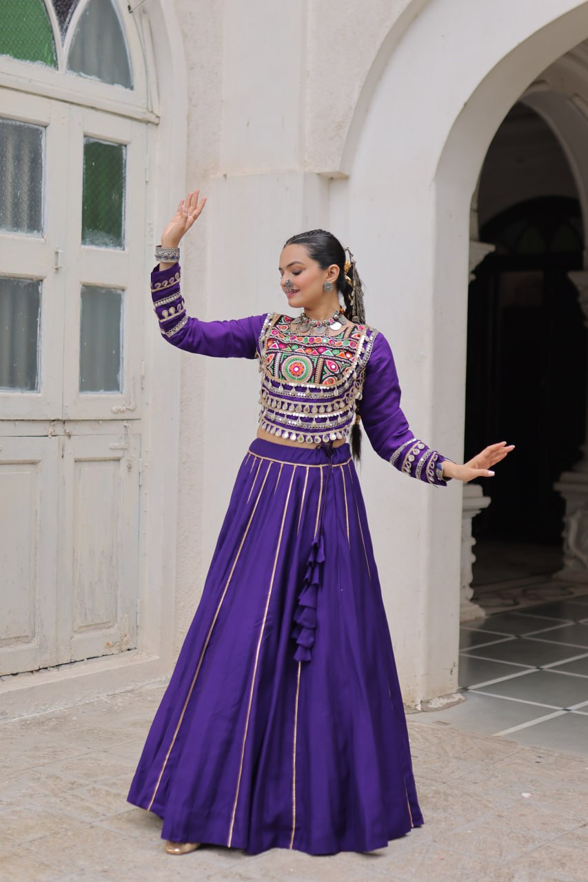 Designer Roman Fabric Purple Lehenga Choli Set with Kutchi Gamthi Embroidery & Gota Patti Lace – Full-Stitched | Flair 6 Mtr