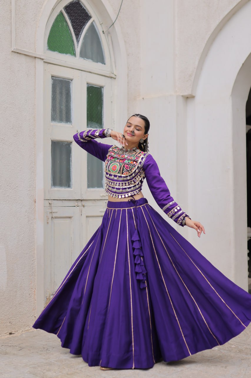 Designer Roman Fabric Purple Lehenga Choli Set with Kutchi Gamthi Embroidery & Gota Patti Lace – Full-Stitched | Flair 6 Mtr