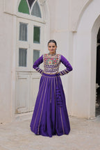 Designer Roman Fabric Purple Lehenga Choli Set with Kutchi Gamthi Embroidery & Gota Patti Lace – Full-Stitched | Flair 6 Mtr