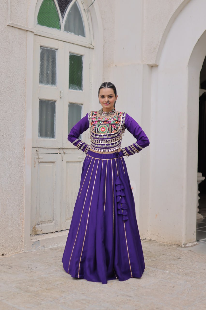 Designer Roman Fabric Purple Lehenga Choli Set with Kutchi Gamthi Embroidery & Gota Patti Lace – Full-Stitched | Flair 6 Mtr