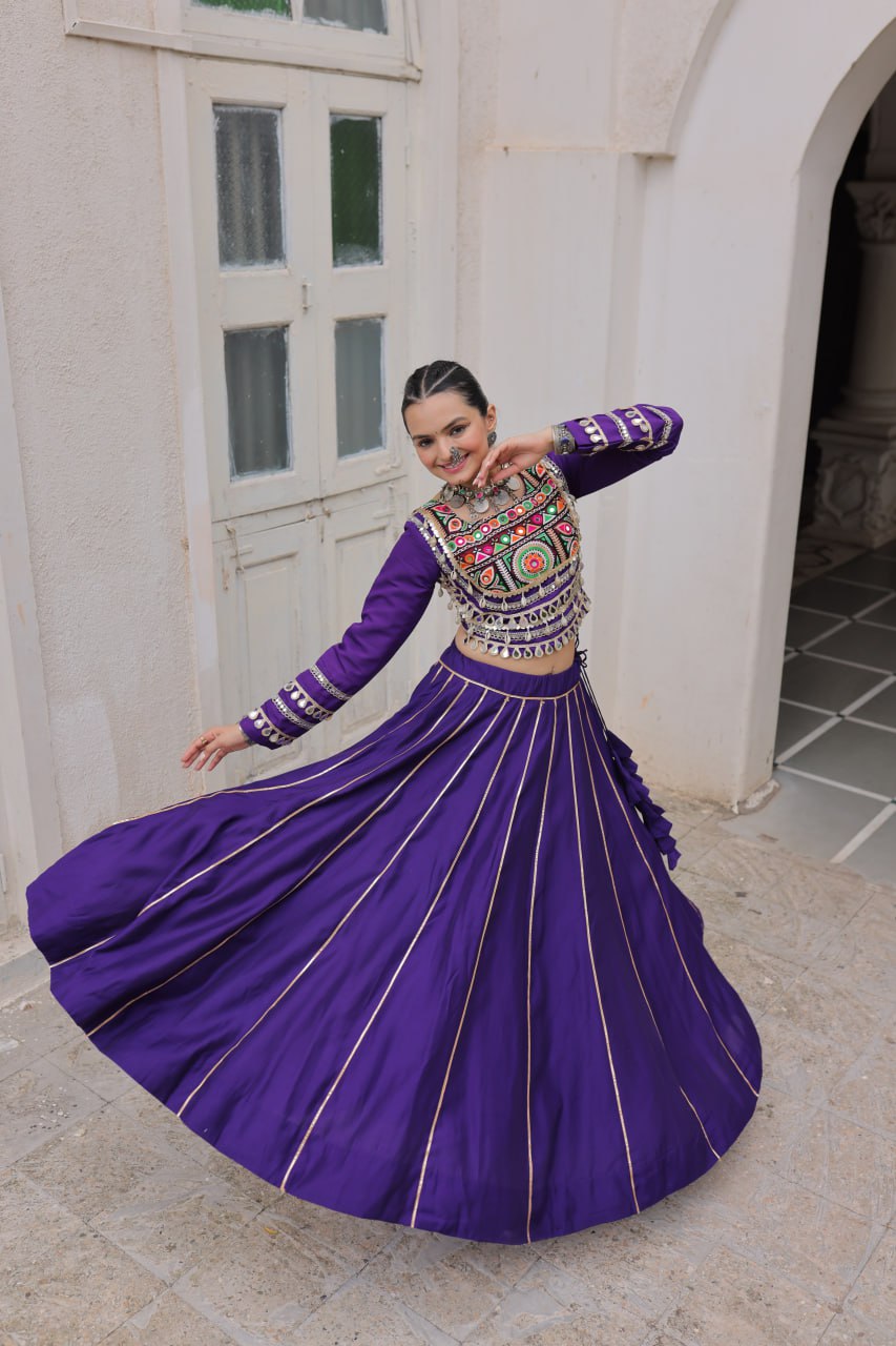 Designer Roman Fabric Purple Lehenga Choli Set with Kutchi Gamthi Embroidery & Gota Patti Lace – Full-Stitched | Flair 6 Mtr
