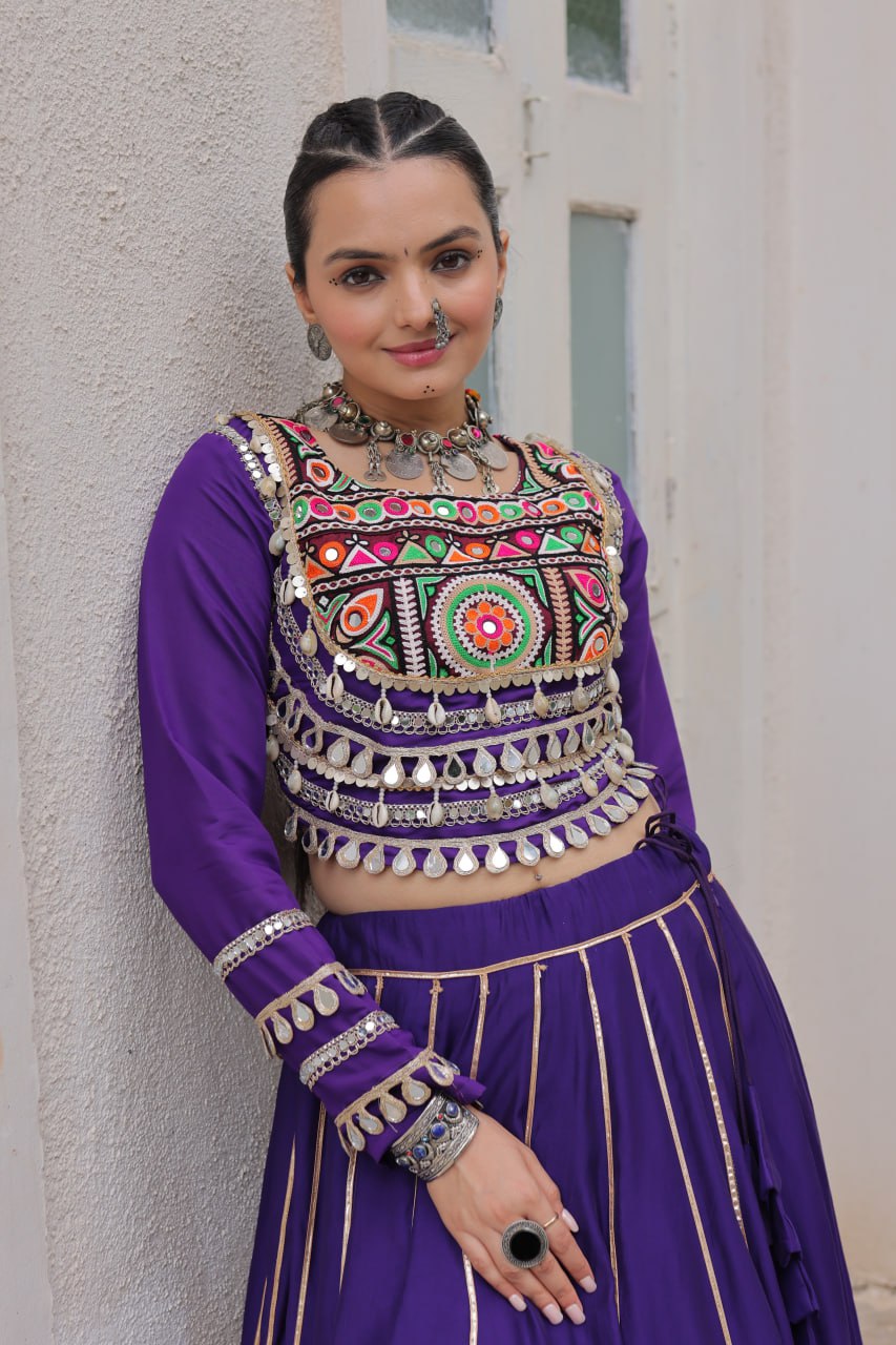 Designer Roman Fabric Purple Lehenga Choli Set with Kutchi Gamthi Embroidery & Gota Patti Lace – Full-Stitched | Flair 6 Mtr