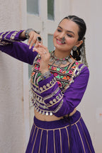 Designer Roman Fabric Purple Lehenga Choli Set with Kutchi Gamthi Embroidery & Gota Patti Lace – Full-Stitched | Flair 6 Mtr