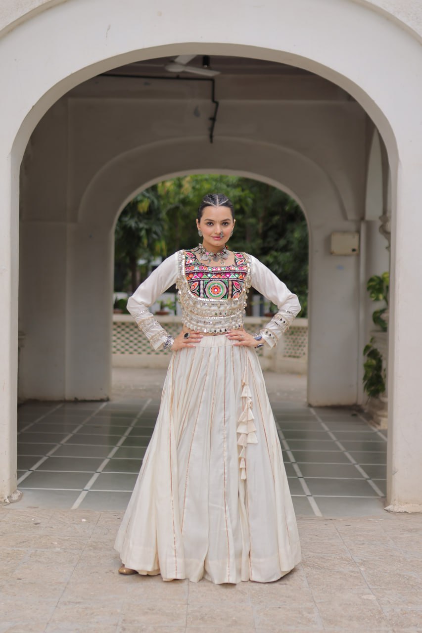 Designer Roman Fabric Off-White Lehenga Choli Set with Kutchi Gamthi Embroidery & Gota Patti Lace – Full-Stitched | Flair 6 Mtr