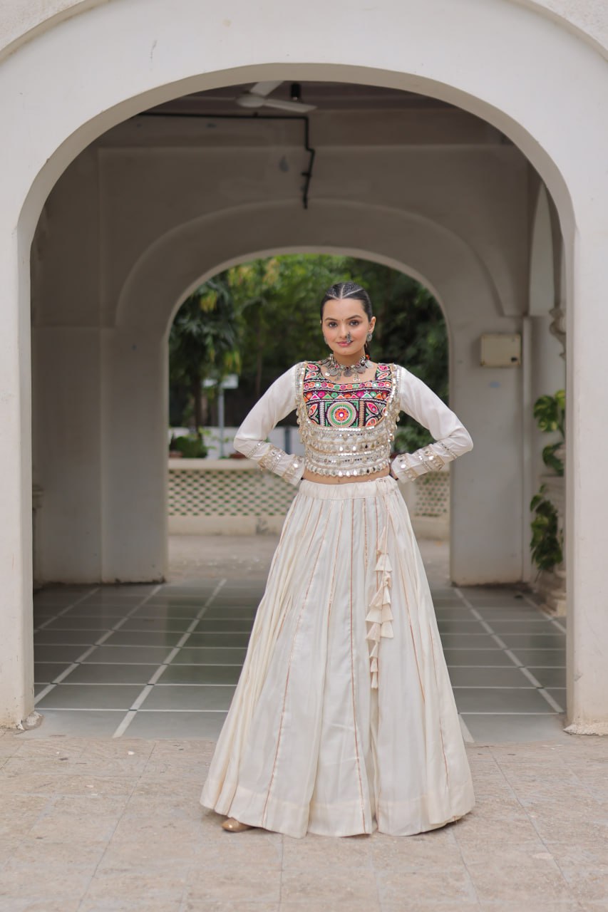 Designer Roman Fabric Off-White Lehenga Choli Set with Kutchi Gamthi Embroidery & Gota Patti Lace – Full-Stitched | Flair 6 Mtr