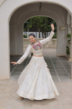 Designer Roman Fabric Off-White Lehenga Choli Set with Kutchi Gamthi Embroidery & Gota Patti Lace – Full-Stitched | Flair 6 Mtr