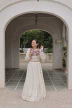Designer Roman Fabric Off-White Lehenga Choli Set with Kutchi Gamthi Embroidery & Gota Patti Lace – Full-Stitched | Flair 6 Mtr