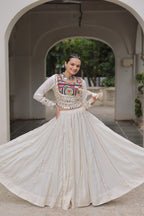 Designer Roman Fabric Off-White Lehenga Choli Set with Kutchi Gamthi Embroidery & Gota Patti Lace – Full-Stitched | Flair 6 Mtr