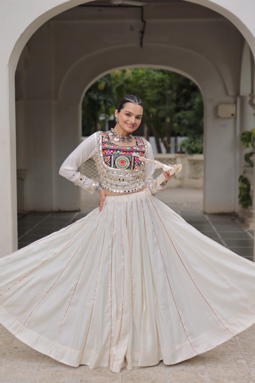 Designer Roman Fabric Off-White Lehenga Choli Set with Kutchi Gamthi Embroidery & Gota Patti Lace – Full-Stitched | Flair 6 Mtr