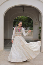 Designer Roman Fabric Off-White Lehenga Choli Set with Kutchi Gamthi Embroidery & Gota Patti Lace – Full-Stitched | Flair 6 Mtr
