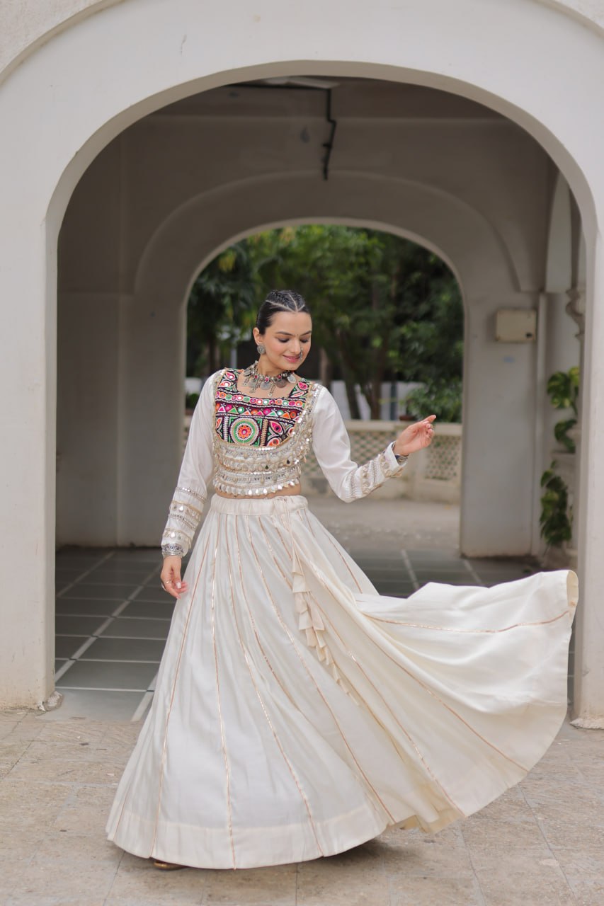 Designer Roman Fabric Off-White Lehenga Choli Set with Kutchi Gamthi Embroidery & Gota Patti Lace – Full-Stitched | Flair 6 Mtr