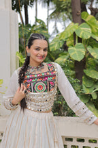 Designer Roman Fabric Off-White Lehenga Choli Set with Kutchi Gamthi Embroidery & Gota Patti Lace – Full-Stitched | Flair 6 Mtr