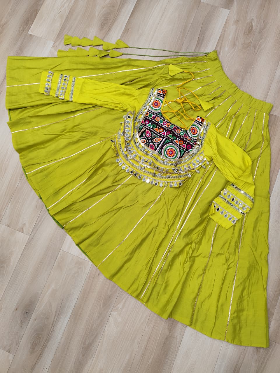 Designer Roman Fabric Yellow Lehenga Choli Set with Kutchi Gamthi Embroidery & Gota Patti Lace – Full-Stitched | Flair 6 Mtr