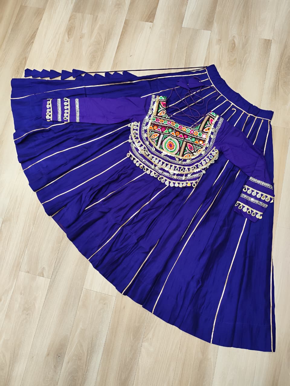 Designer Roman Fabric Purple Lehenga Choli Set with Kutchi Gamthi Embroidery & Gota Patti Lace – Full-Stitched | Flair 6 Mtr