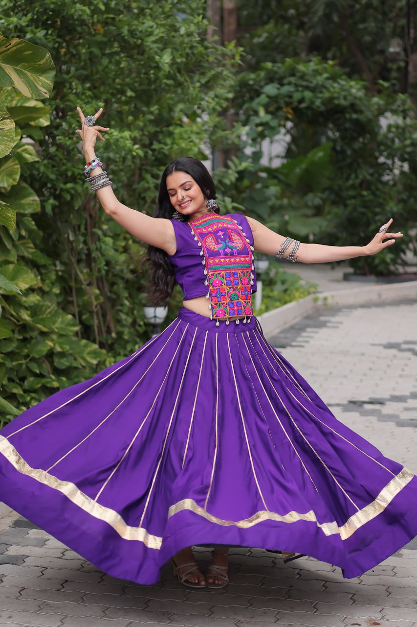 Roman Fabric Purple Lehenga Choli Set with Gota Patti Lace & Kutchi Gamthi Mirror Work (Full-Stitched, Sleeveless)