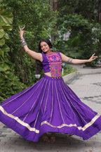 Roman Fabric Purple Lehenga Choli Set with Gota Patti Lace & Kutchi Gamthi Mirror Work (Full-Stitched, Sleeveless)