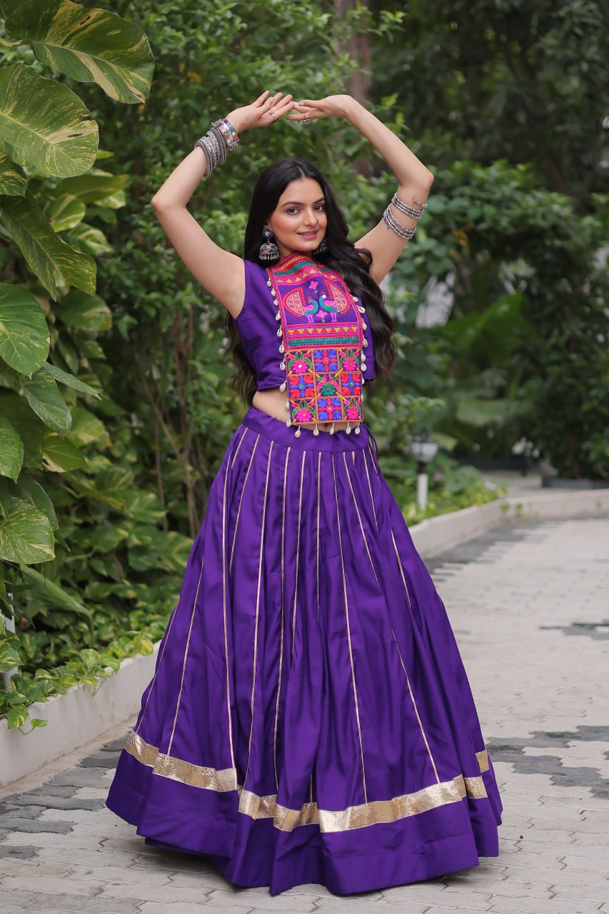 Roman Fabric Purple Lehenga Choli Set with Gota Patti Lace & Kutchi Gamthi Mirror Work (Full-Stitched, Sleeveless)